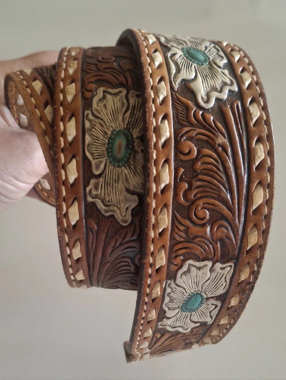 Tooled Leather Floral Belt with Turquoise Accents